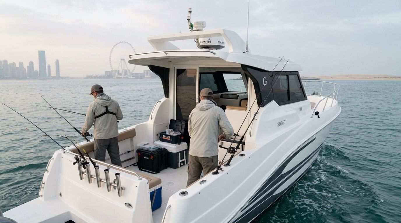 Anglers holding fishing rods at the stern of a boat in Dubai