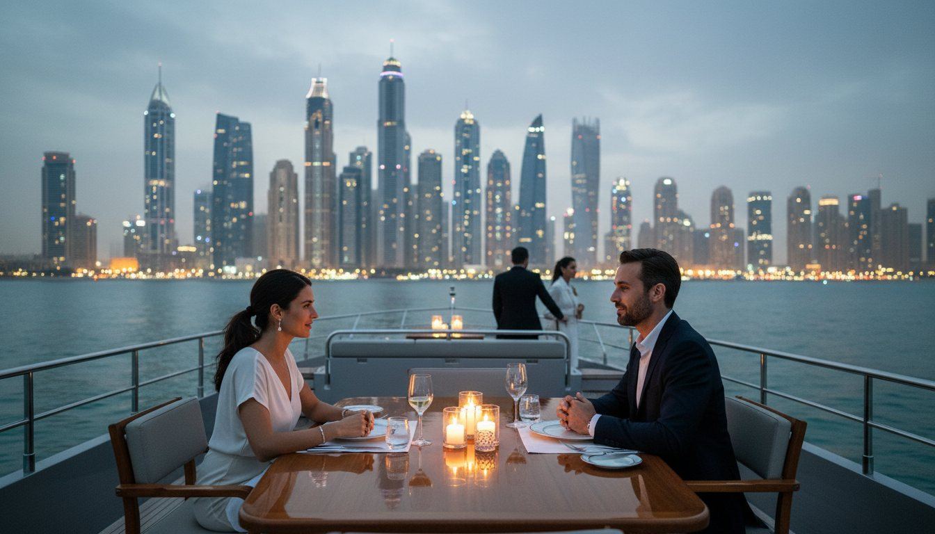 Candlelit dinner table set on a yacht deck facing Dubai Marina