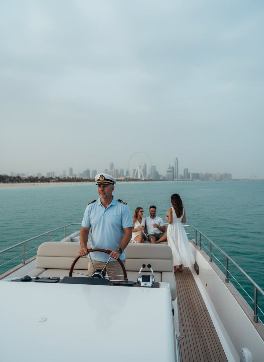 Captain navigating a yacht while guests relax on the deck in Dubai