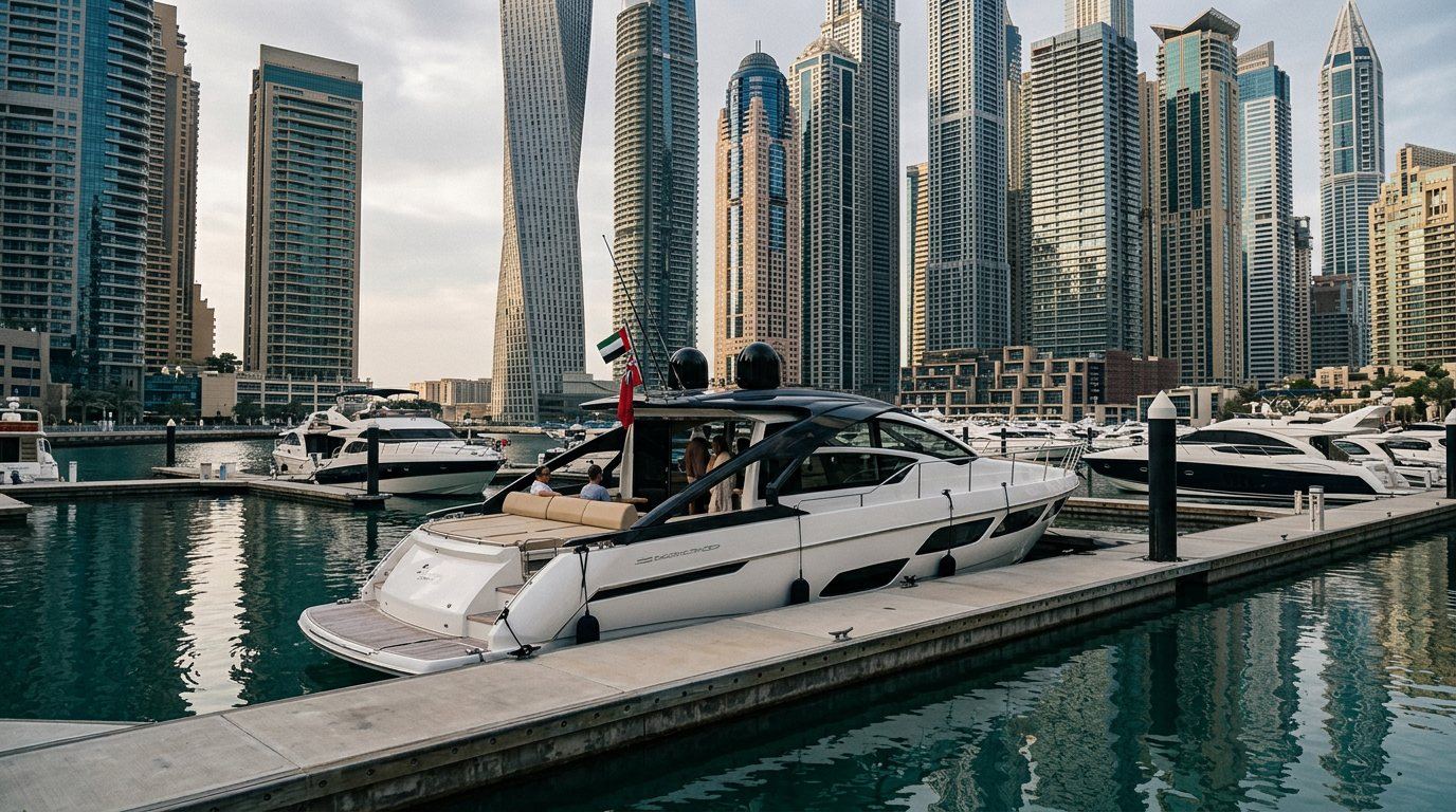 Dubai Marina skyscrapers and luxury boat berths viewed from the water