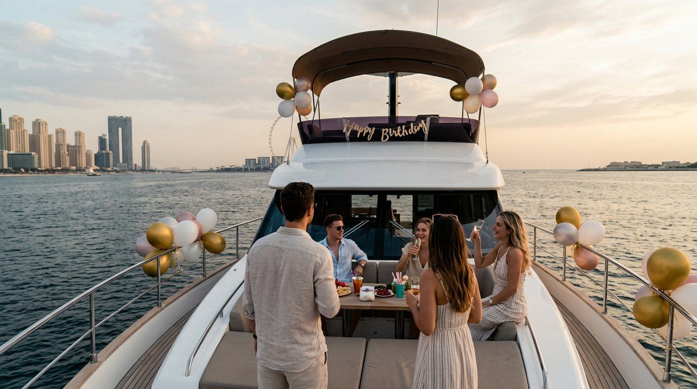 Guests celebrating with colorful balloons on a yacht deck facing Dubai