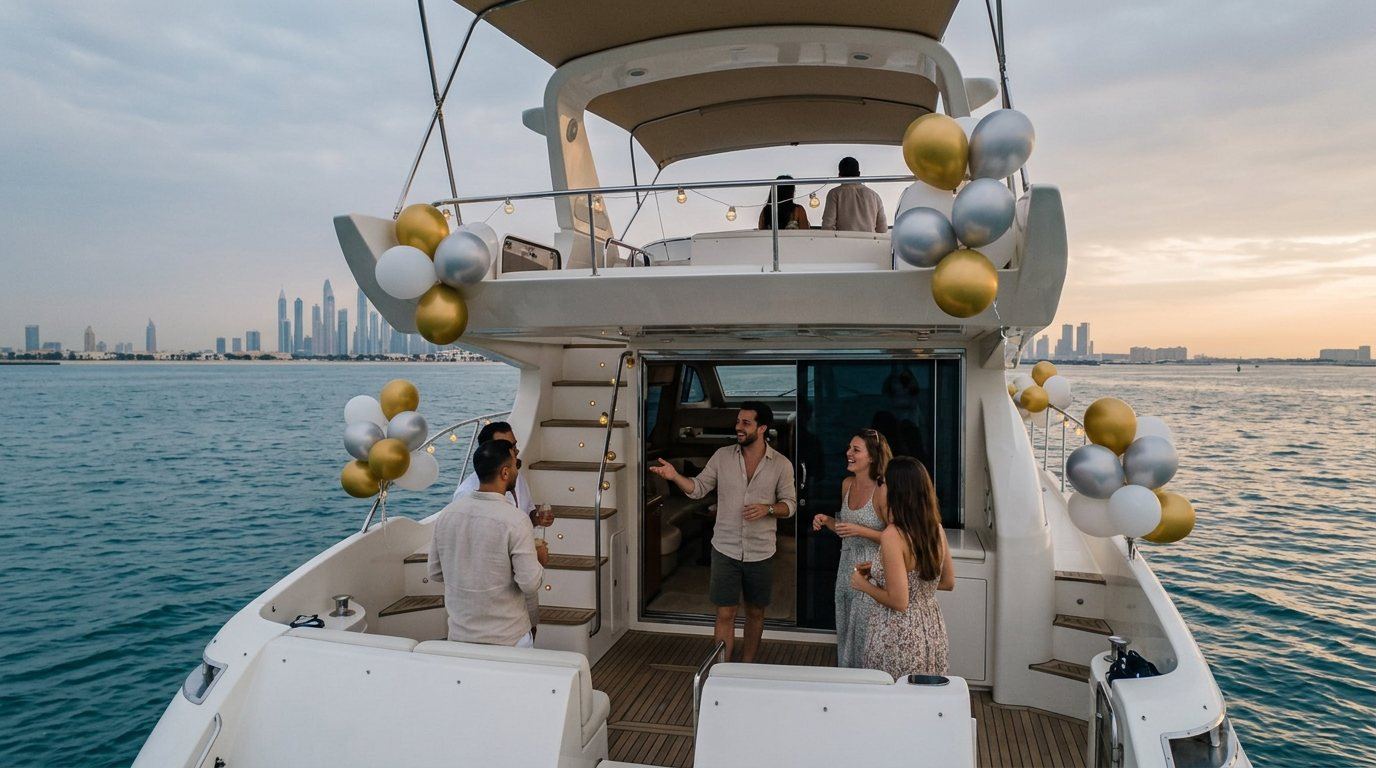 People celebrating a party with festive balloons on a Dubai yacht
