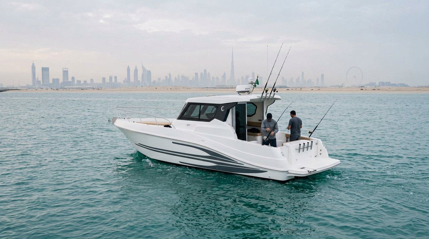 Sport fishing boat with anglers offshore in the Dubai sea