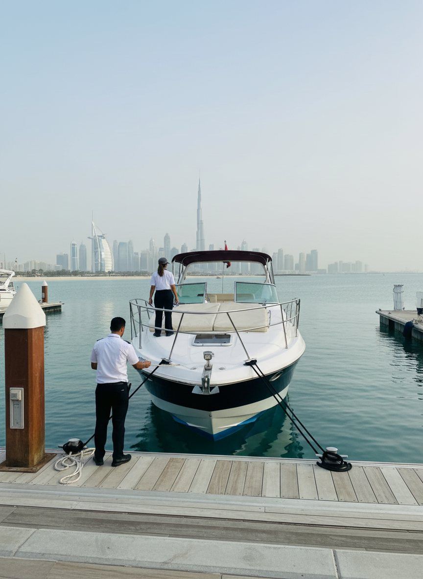 Uniformed yacht crew members gathered on a marina walkway in Dubai