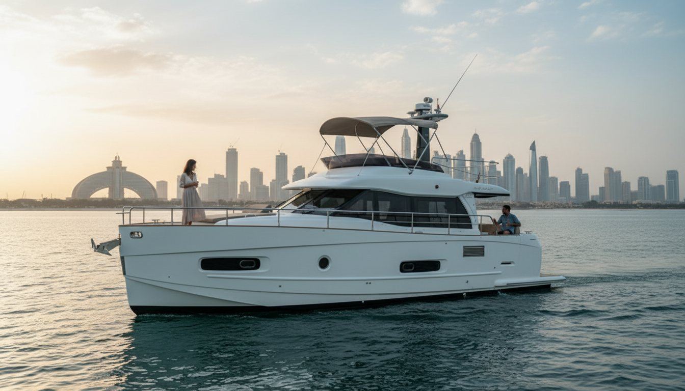 White motor yacht cruising near the calm Dubai coastline at dusk