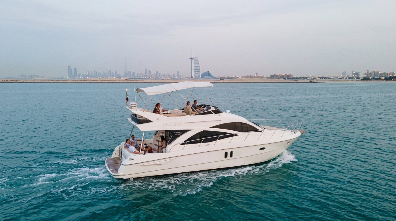 White motor yacht cruising past famous Dubai landmarks during dusk