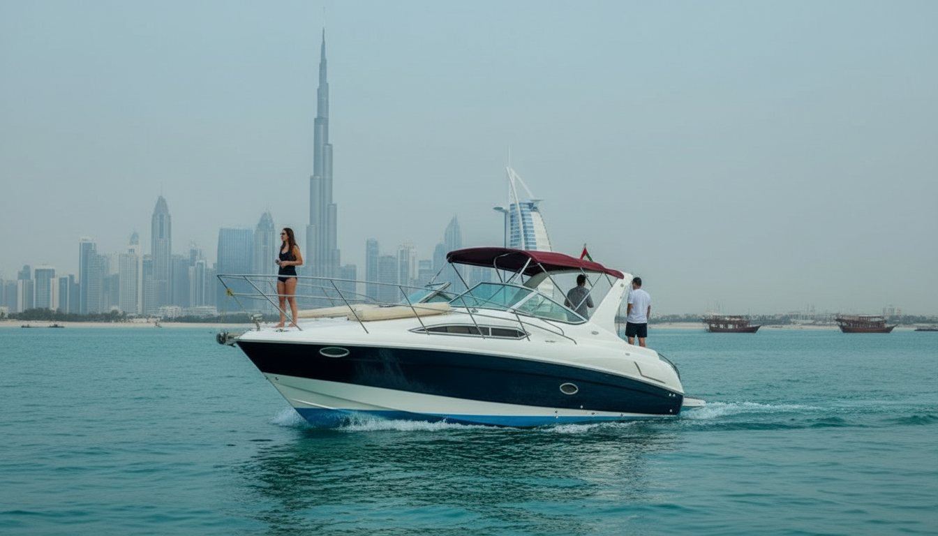 White motor yacht navigating past Dubai landmarks in the evening glow