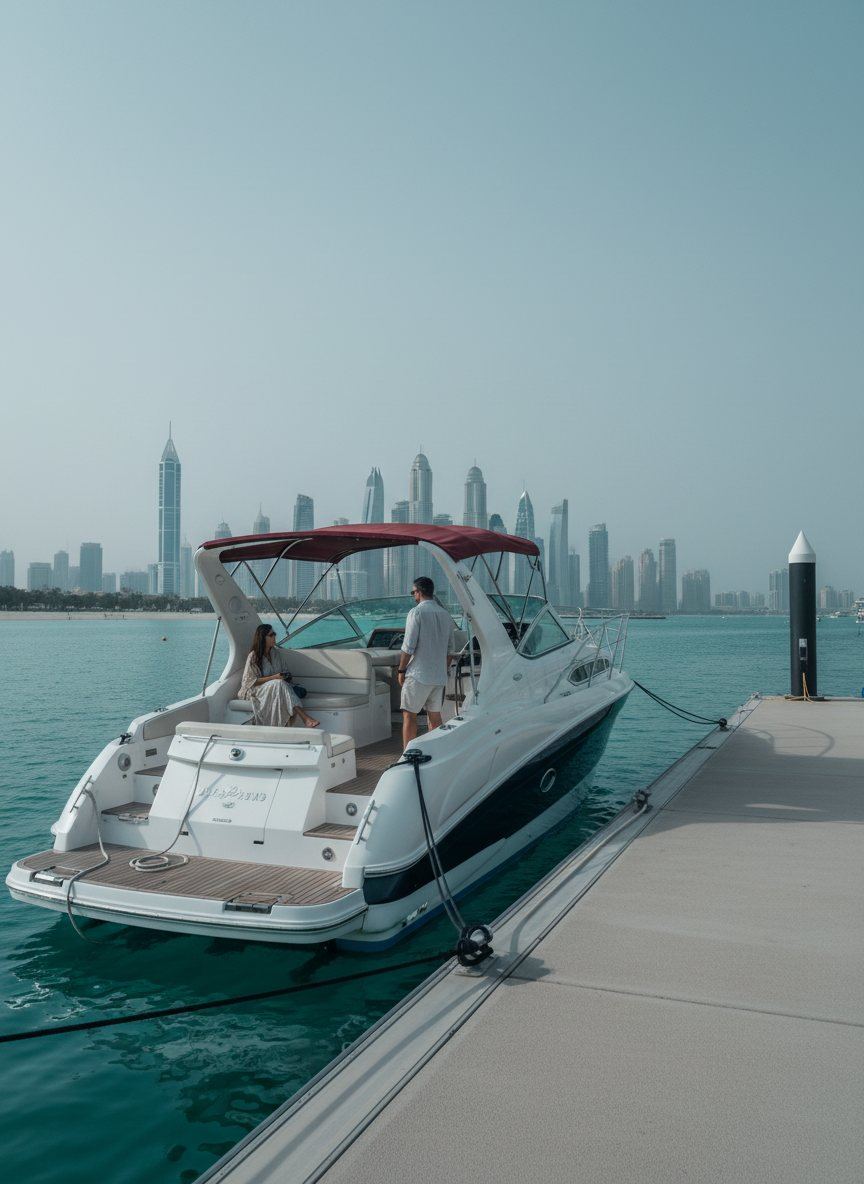 Yacht crew preparing on the dock beside a boat in Dubai