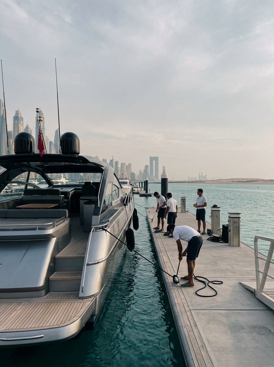 Yacht crew preparing on the dock beside a boat in Dubai
