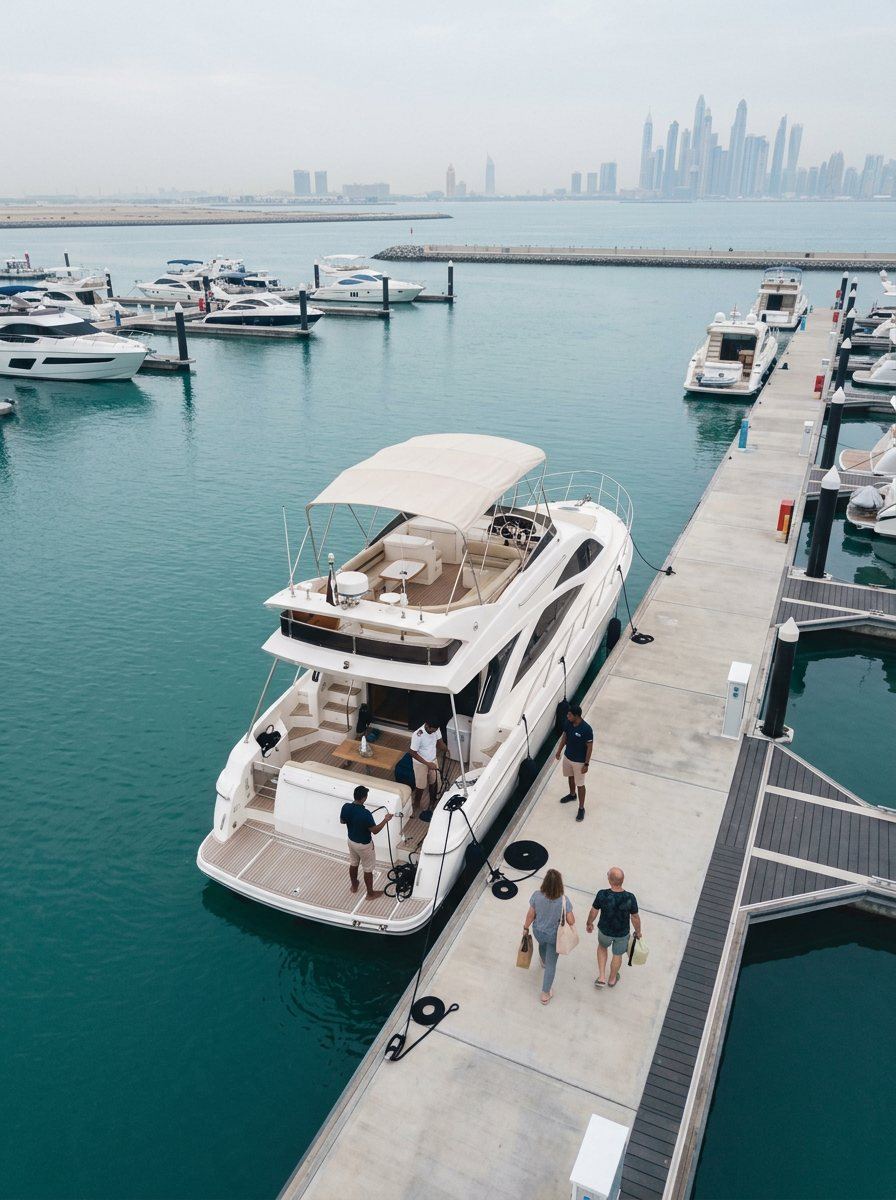 Yacht crew standing along a modern Dubai marina pier at dawn